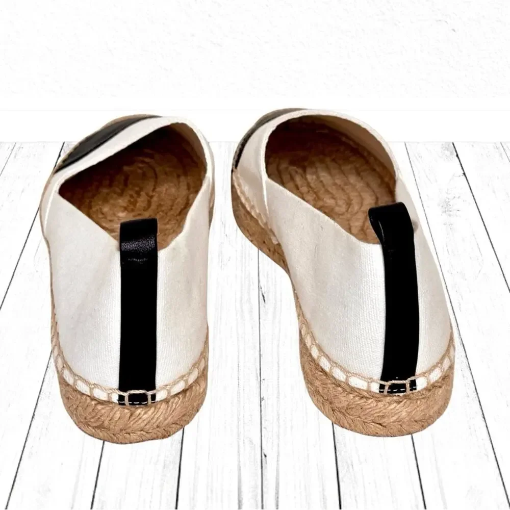 J. CREW White Black Leather Espadrilles Cap Toe Canvas Shoes Flats Resort 10.5